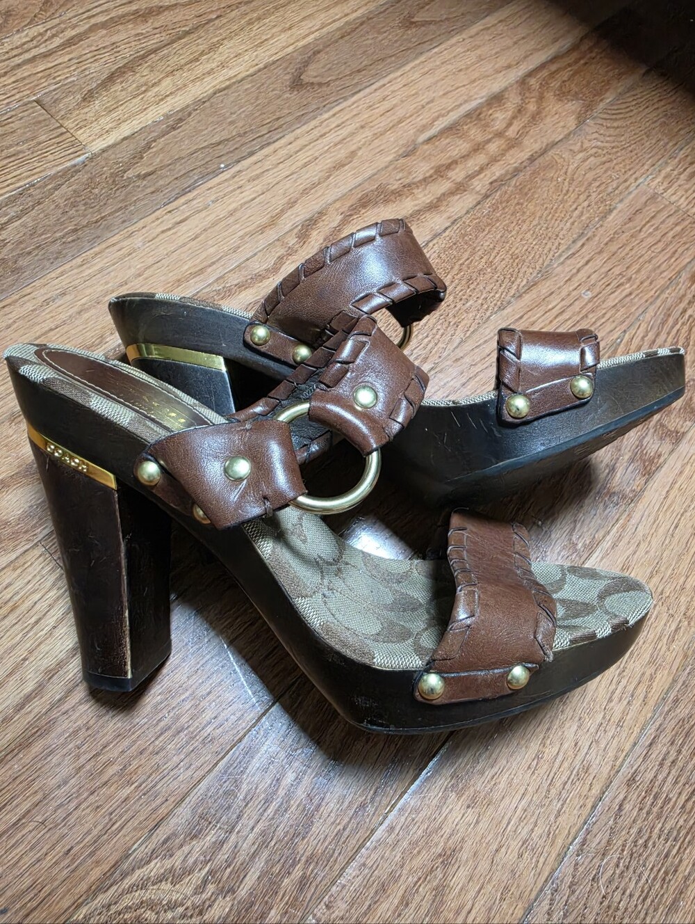Vintage Y2K Coach "Cheree" Leather & Wood Platform Sandals - Size 8.5M